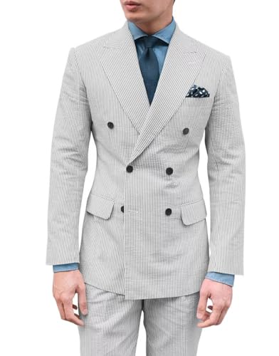 Men's Seersucker Suit 2 Piece Double Breasted Suits for Men Slim Fit Beach Wedding Striped Summer Casual Suit