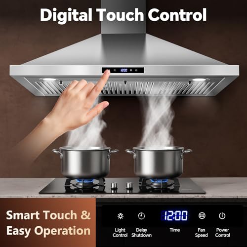 Image of Tieasy Range Hood 36 inch Wall Mount Kitchen Hood 700 CFM with Ducted /Ductless Convertible Duct, Touch Control, Permanent Filters, Stainless Steel, 3 Speed Exhaust Fan
