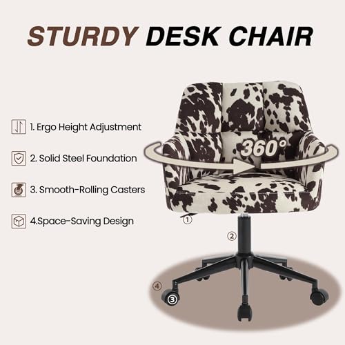 Image of Modern Swivel Home Office Desk Chair with Wheels, Cow Print Velvet Height Adjustable Comfortable Ergonomic Upholstered Vanity Make up Chair, Cute Cowhide Computer Armchair for Living Room Home