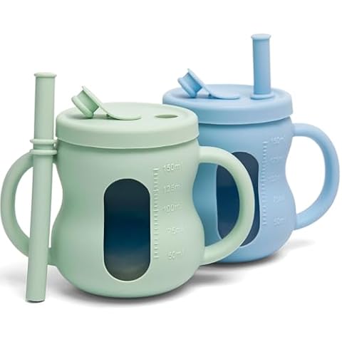 XPECIAL 100% Silicone Baby Training Cup 2PCS See-through Toddler 5OZ Straw Drinking Cups for Infants 6 Months+ (Green and Blue) Cover