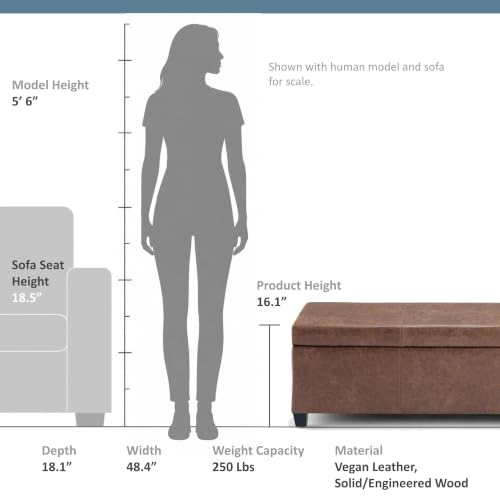 Image of SIMPLIHOME Avalon 48 inch Wide Vegan Leather Storage Ottoman in Saddle Brown