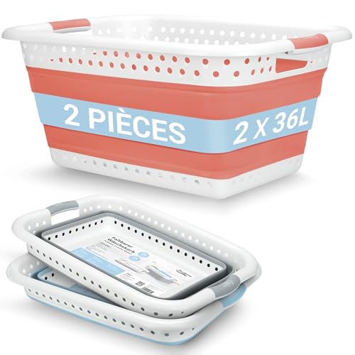 BADIONA Lot de 2 Panier a linge pliable plastique - 2x 36 litres & Usage universel I Paniers à linge pliables I Bassine linge retractable I Paniere...