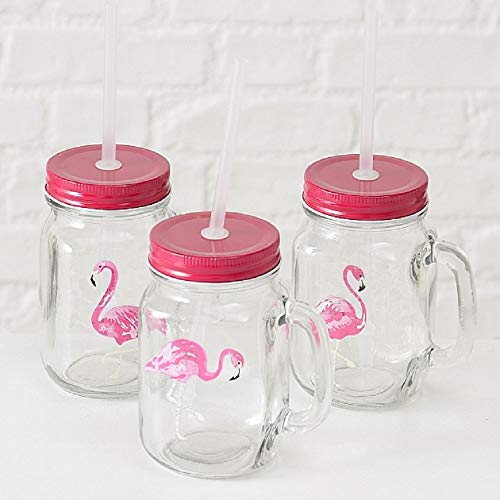 Home Collection Hogar Cubertería Cristalería Copas Fiesta Juego de 3 Vasos con Tapos y Pajitas Motivo Flamenco Rosa