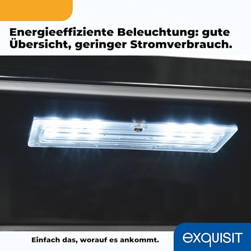 Exquisit Glastürkühlschrank GKS120-GT-160C schwarz | Nutzinhalt: 118 L | Türschloss | 3 Gitterablagen | Umluftventilator | Standgerät