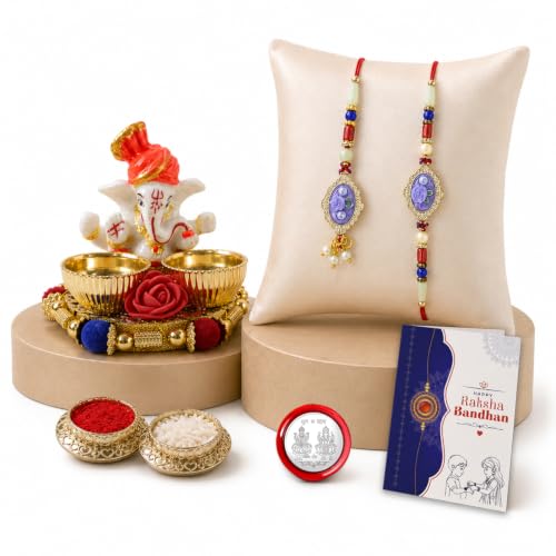 Image of Oblivion Designer Stylish Multicolor Rakhi Combo for Brother Bhaiya Bhai with Ganesha Thali, Roli Tikka, Silver Color Pooja Coin & Greeting Card | Raksha Bandhan Festival Gift Set | Pack of 5