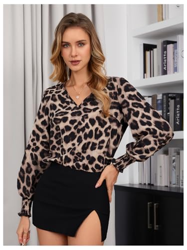 SweatyRocks Women's Leopard Print V Neck Long Lantern Sleeve Shirred Blouse Shirt Tops3