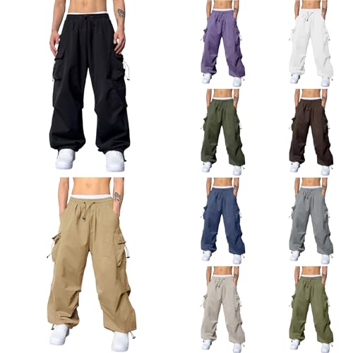 Men's Baggy Cargo Pants Casual Parachute Pant Loose Fit Lightweight Trendy Joggers with Pockets for Streetwear