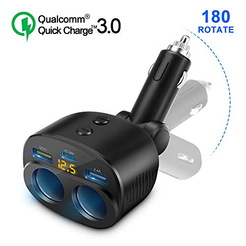 Fast USB C Cargador coche, cargador rápido 3.0 Divisor cigarrillos con puertos USB dobles Interruptor separado Pantalla voltaje LED para tableta teléfono celular GPS Dash Cam, cargador coche extensor