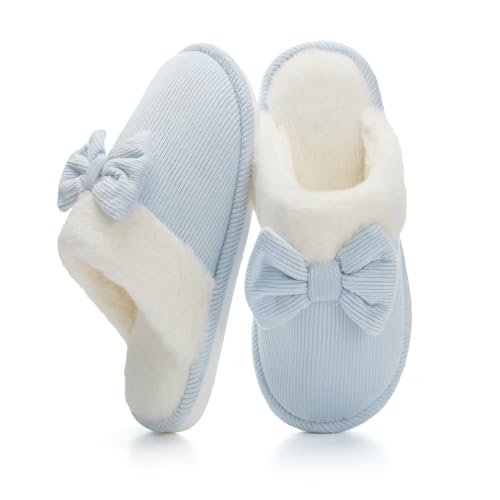 NineCiFun Womens Bow Scuff Slippers Corduroy Plush Faux Fur Lining Memory Foam Non Slip Indoor Outdoor House Shoes Blue Size 9 10