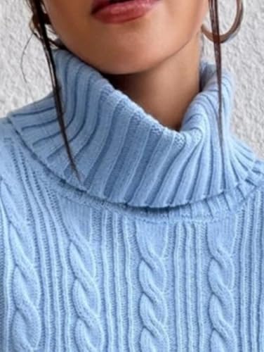 Image of Women's Fall Winter Long Sleeve Turtleneck Cropped Sweater Ribbed Cable Knit Pullover Jumper Solid Sweater Crop Tops