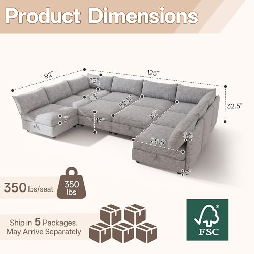 Image of 125 inch Chenille Modular Sectional Sofa Bed Hidden Storage, Convertible L U Shaped Sleeper Couch, 10 Seat Modern Modular Sectional Sofa with Removable Covers & Ottoman Chaise, for Living Room, Gray