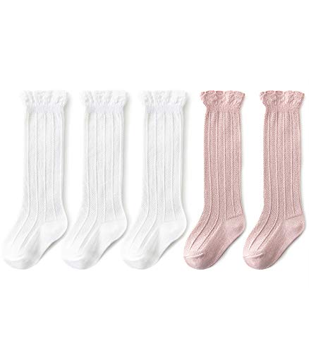 Durio Knee High Socks for Girls Toddler Newborn Baby Girl Socks Infant Cotton Stockings Tube Ruffled Unisex Tights 5 White & Pink 3-12 Months