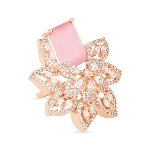 I Jewels Rose Gold Plated Indian Wedding Bollywood Stylish Latest Fashionable Design Floral CZ American Diamond Adjustable Finger Rings For Women & (FL242)
