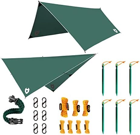 Rain Fly 10x10 Lightweight Survival Camping Tarp; 100% Waterproof; Makes a Great Backpacking Tarp or Hammock Shelter; Comes in Multiple Colors, Survival Bracelet Included; Green