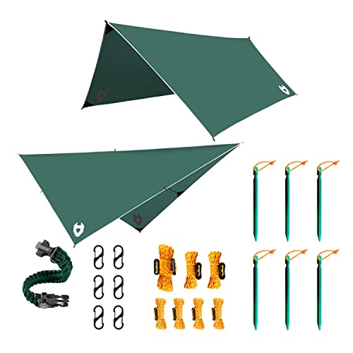 Rain Fly 10x10 Lightweight Survival Camping Tarp; 100% Waterproof; Makes a Great Backpacking Tarp or Hammock Shelter; Comes in Multiple Colors, Survival Bracelet Included; Green