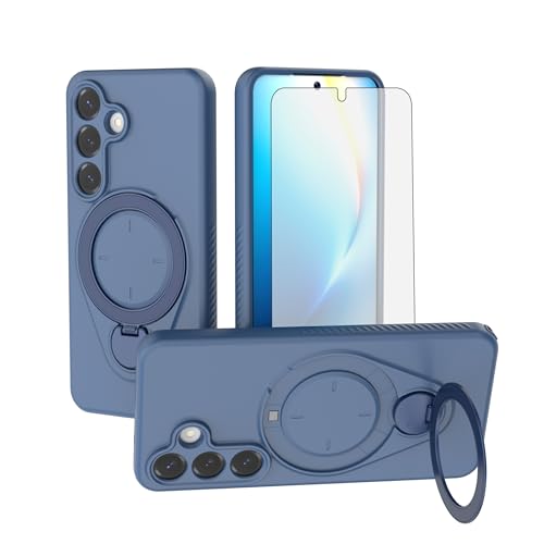 Coque Samsung S25 5G antichoc avec protège-écran verre et béquille rotative Asuwish bleu