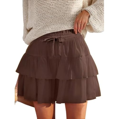 Shorts for Women Ruffled Tiered Pleated Mini Skirts Boho High Waist Flowy Comfy Tennis Golf Skorts Brown Small