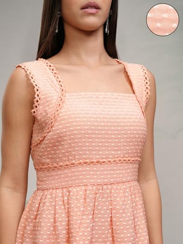 Image of Tokyo Talkies Women's Sleeveless Square Neck Self Design Dresses | Stylish Dresses | Casual Dresses