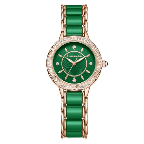 Image of Giordano Flower Case Watch for Women with Crystal-Studded Bezel, Diamond Hour Markers & Dual Tone Stainless Steel Strap