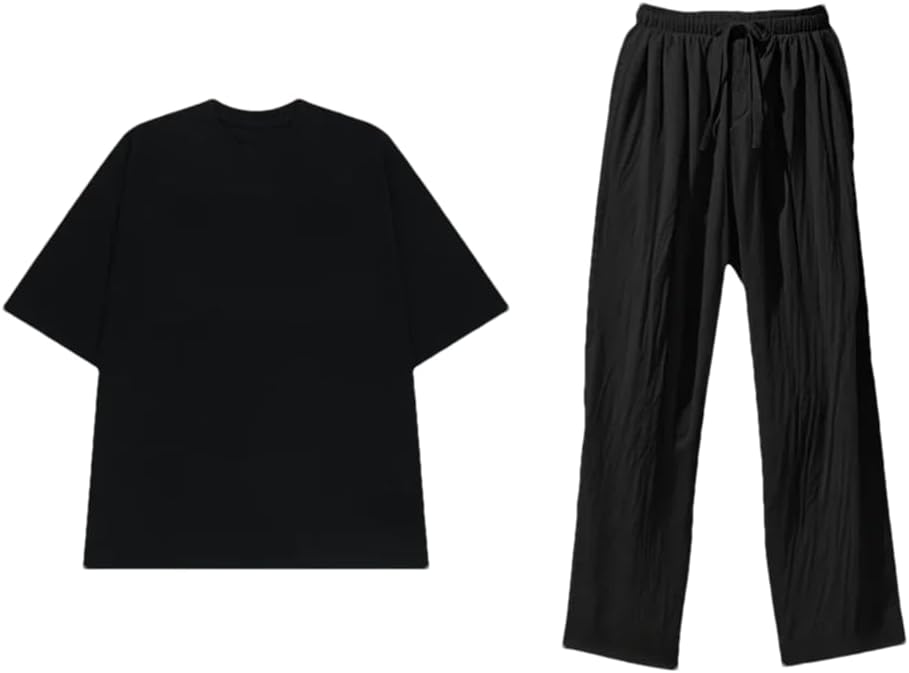Men's Cotton and Linen Short-Sleeved Trousers Suit Large-Size
