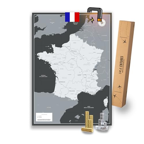 Tableau d'affichage magnétique Carte de France incl. 2 x 15 pins magnétiques I Marque tes destinations I Collectionne les photos et les aimants I Poster...