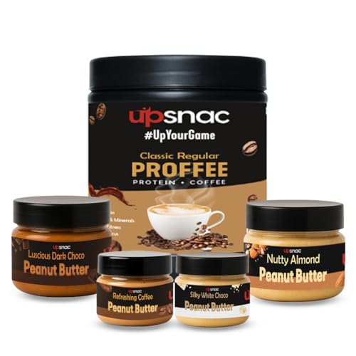 Upsnac Energizing Trial Combo - Classic Proffee 250g + Nutty Almond, Coffee, White & Dark Chocolate Peanut Butter 50g Each, High Protein, Vegan, Gluten-Free, No Refined Sugar, Gym Pre Workout Drink