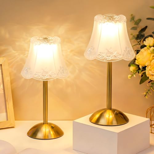 Image of Liliful 2 Pcs Cordless Table Lamp LED Touch, Gold, Floral Lace Style