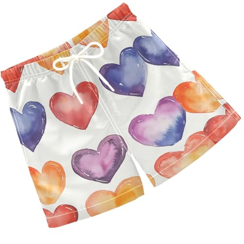 Pigsaly Boys' Swim Board Shorts Watercolor Love Colorful Hearts Boy's Swim Trunks Kids Swimwear 4T