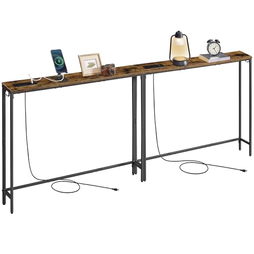 VASAGLE Set of 2 Console Tables with Power Outlets, Slim Behind Couch Sofa Tables, 5.9 x 39.4 x 31.5 Inches, 2 Hooks, Easy Assembly, for Entryway, Living Room, Rustic Brown and Ink Black ULNT078K01 by VASAGLE - Used condition - US$53.28