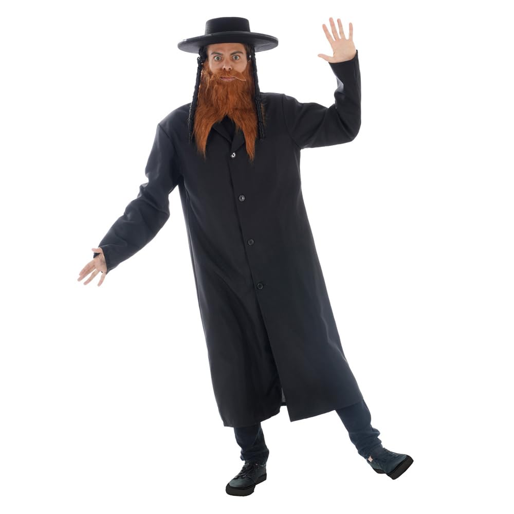 Chaks - kostium rabina, strój z płaszczem, brodą i kapeluszem | 3-częściowy, kapelusz z lokami, karnawał, cosplay, teatr, impreza tematyczna, przebranie