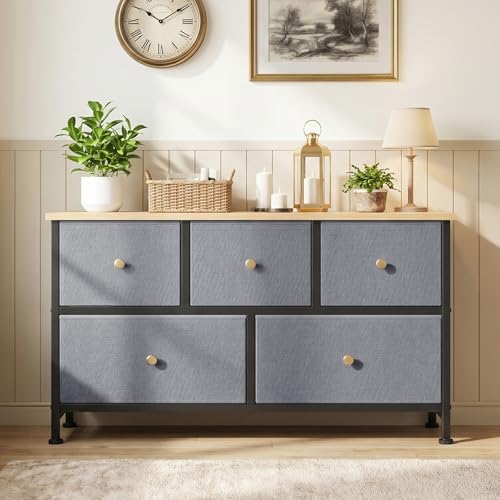Image of OLIXIS 5 Drawer Dresser for Bedroom, Storage Organizer Unit for Closet | Chest of Drawers for Clothes Storage with Bins, Wide Fabric Bedroom Dresser, Wooden Top, Living Room, Gray Blue