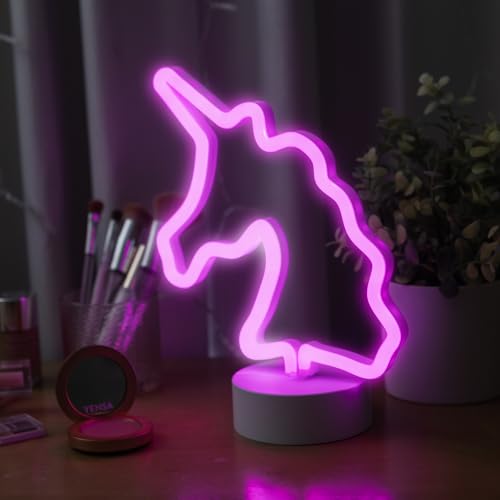 Image of Xtreme Unicorn Neon Pink LED Tabletop Sign with Holder Base, Battery Powered, 4 Hour Timer, Night Light, Christmas or Birthday Gift