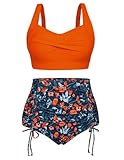 Hanna Nikole Women Plus Size Two Piece Vintage Swimsuit Retro Ruched High Waist Bikini Sets Blue Orange Flowers 24 Plus