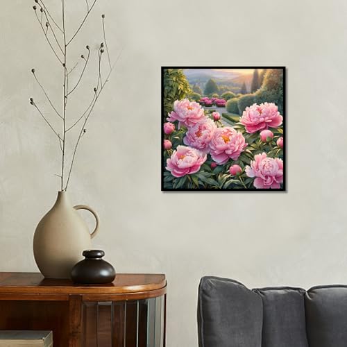 Image of Peony Flower 5D DIY Diamond Painting Kits for Adults, Floral Garden Diamond Art Kits for Beginners, Full Drill Round Dot Painting Gem Art Kits for Home Wall Decor 13.8x13.8 Inch