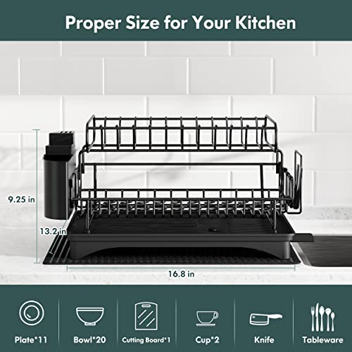 Dish Drying Rack And Drainboard Set, 304 Stainless Steel Large 2 Tier Dishes Rack, Dish Drainers With Auto-Draining Tray, Utensil Holder, Cutting Board Holder And Drying Mat For Kitchen Counter, Black #TOP1