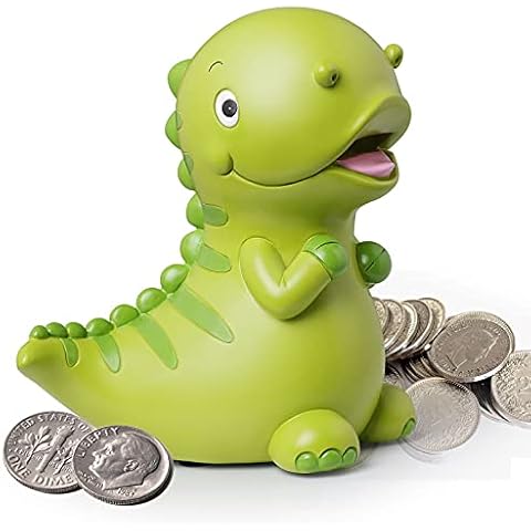 Homeleader Dinosaur Piggy Bank for Kids Boys Girls, Large Size Resin Coin Bank, Money Saving Bank for Birthday Gifts, Cute Room Decor, Green Cover