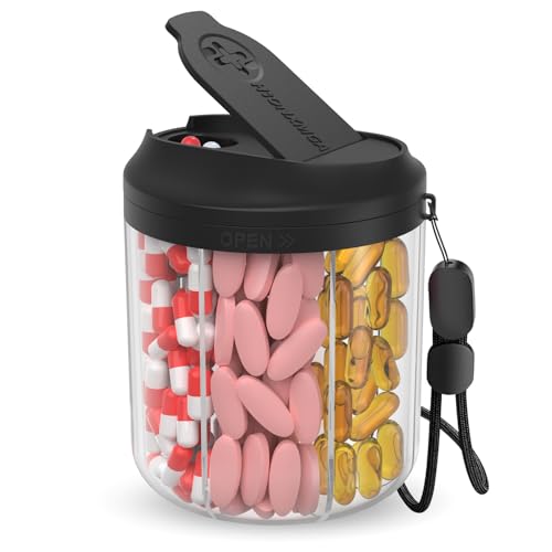 Hionxmga Pill Dispenser with 7 Large Compartments, 4.4" H x 3.6" Dia Pill Bottle Organizer for Travel, Supplement Organizer with Anti-Mixing Design, BPA-Free Pill Container with 20 Pcs Labels, Black