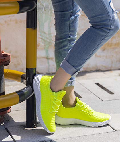 Roxy-Rose Women Lightweight Metallic Hologram Laced Pyramid Leatherette Studded Jogger Casual Sneaker (6 B(M) Us, Neon Yellow) #TOP6