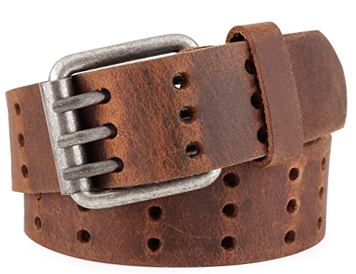 F&L CLASSIC Men's Genuine full grain leather belt heavy duty, work or casual belts for jeans, triple Prong buckle,1.5” wide,3193,size 42,tan