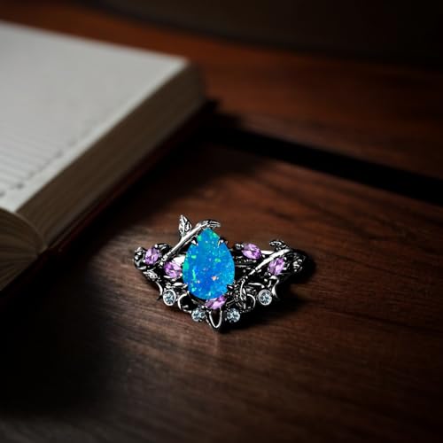 S925/10K/14K/18K Solid Gold Pear Gemstone Vintage Engagement Ring Set Leaf Unique Vine Gemstone Wedding Anniversary Ring Set Black Gold Bridal Ring Set3