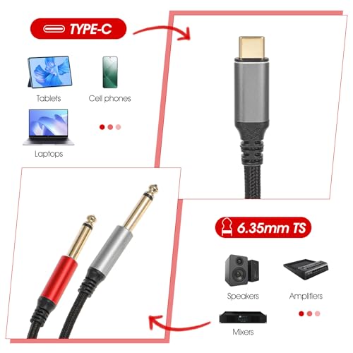 Cable USB C a audio 1/4 pulg y divisor TS de 4.9 pies miniatura 4