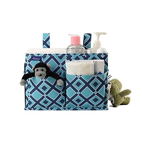 Image of Surblue Bedside Caddy Hanging Organizer Storage Bag for Bunk and Hospital Beds, College Dorm Rooms, Baby Rails, Camp Chairs, Wheelchair - 4 Pockets, 2 Hooks (Blue Plaid)