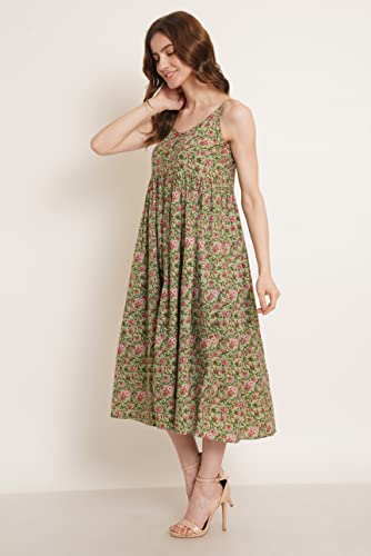 Image of COTLAND Fashions Jaipuri Cotton Printed Flared Strappy Midi A-Line Dress For Women (Meadow Mist) Medium