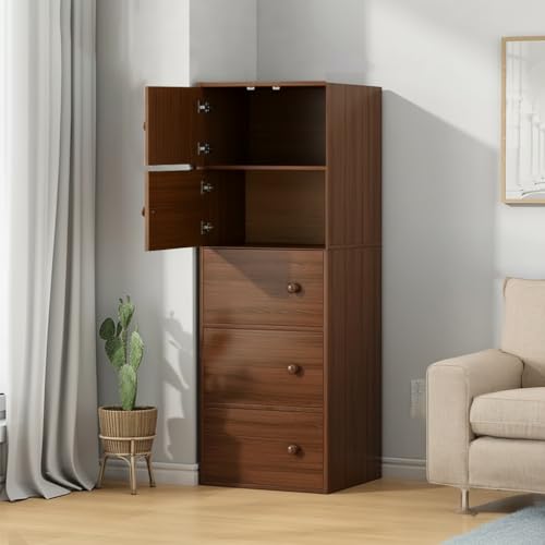 Image of EXVITO Engineered Wood Wardrobe for Bedroom | Foldable 5-Shelf Wooden Storage Cabinet | Cupboard Almirah for Clothes | Collapsible Wardrobe | Space Saving Wooden Cabinet - Walnut