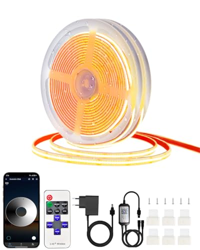COB Led Strip 30M (2 x 15M) IP68 Waterdicht, 24V 2700 K Warmwit Zelfklevend Voor Buiten met Voeding, App en Afstandsbediening voor Dakrand, Tuin, Zwembad, Terras, Keuken, Badkamer