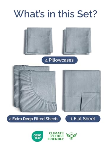 Image of Extra Deep Split King Sheet Set - 7 Piece Cooling Sheets - Heathered Blue | Hotel Luxury Bed Sheets Set, Easy & Secure Fit, Ultra-Soft, Wrinkle & Fade Free, Comfy Sheets Set with Extra Deep Pockets