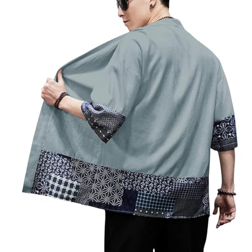 بريجوهي جاكيتات كيمونو للرجال خفيفة الوزن كاجوال من مزيج القطن والكتان بسبعة اكمام، معطف خارجي مفتوح من الامام، 01-رمادي، XXL