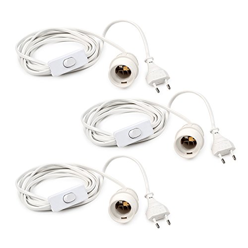 Preisvergleich Produktbild pajoma E27 Lampenfassung mit Schalter, 350 cm, weiß, 3er Pack