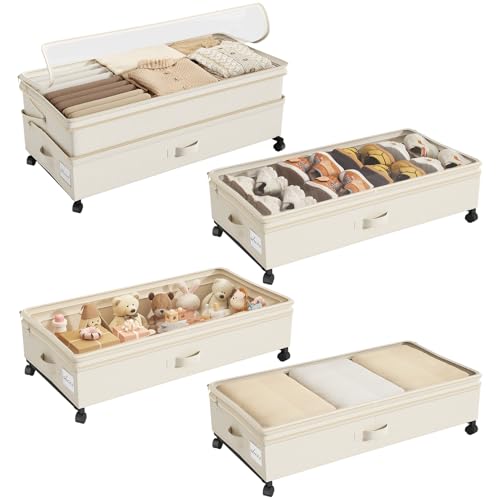 Image of Kitstorack 4 Pack Height-adjustable Under Bed Storage with Wheels, Under Bed Storage Containers,Under Bed Shoe Storage Organizer with Clear Window&Label, Suitable for Clothes Storage, Beige