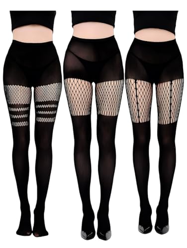Thigh High Fishnet Stockings Black Tights Leggings Goth Opaque Striped Pantyhose for Women 3 Piece2
